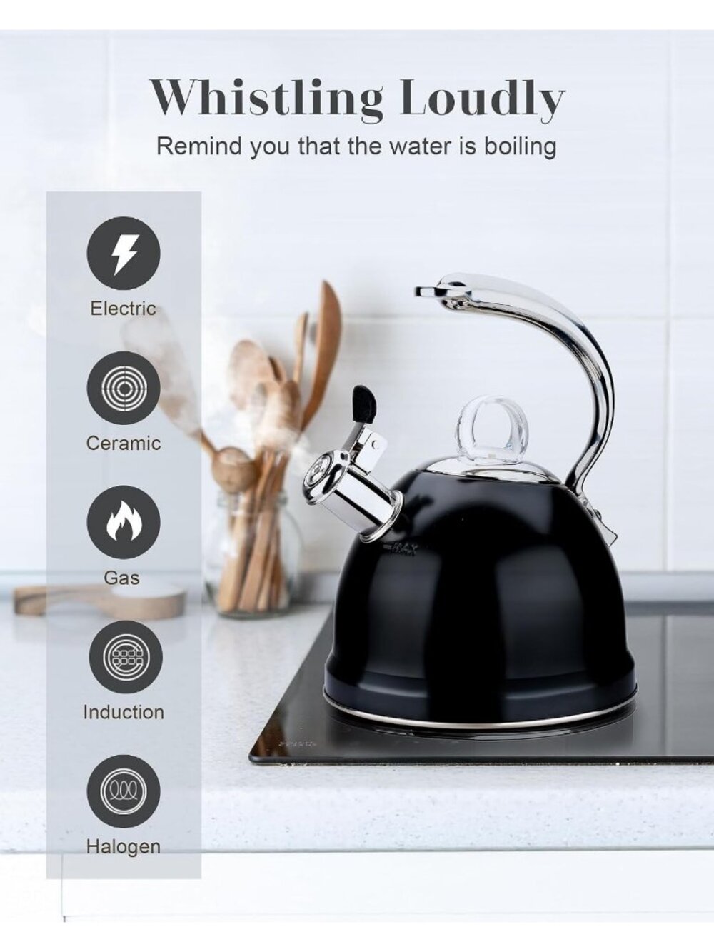 2.5 Qt Stainless Steel Whistling Tea Kettle for Gas, Electric Induction Black - Picture 5 of 7